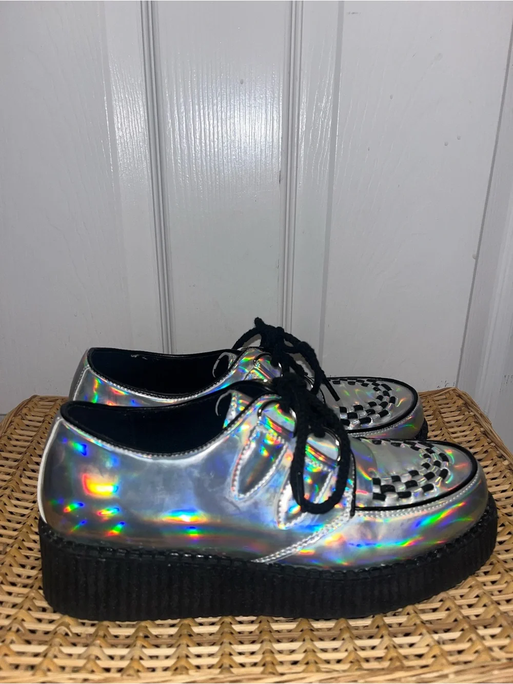 Holographic silver iridescent faux patent creepers